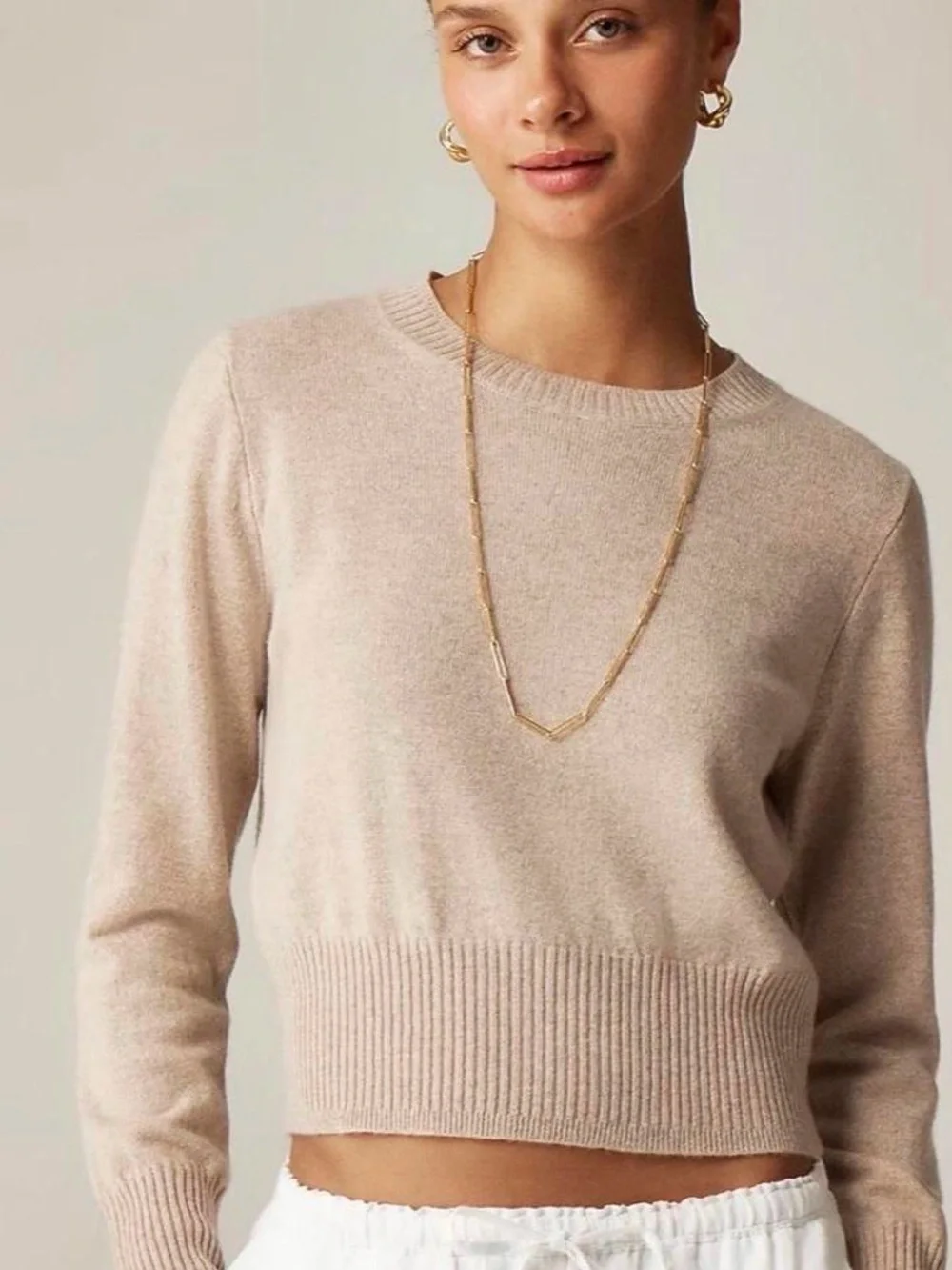 J.CREW 100% Cashmere Knit Cropped Crewneck Sweater Taupe M Minimalist Chic Cozy